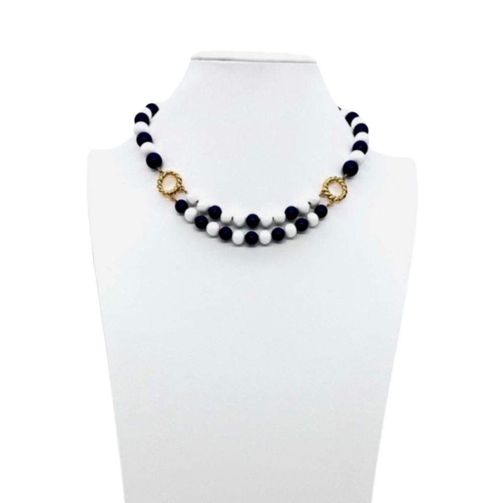 Vintage Monet Navy Blue & White Double Stranded Layered Beaded Collar Necklace